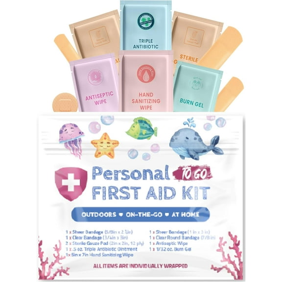 Portable Travel Size First Aid Kit - Perfect for Home, Office, Car, School, Business, Travel, Hiking, College, and Outdoors | Individually Wrapped Medical Kit Products (Sea Life)