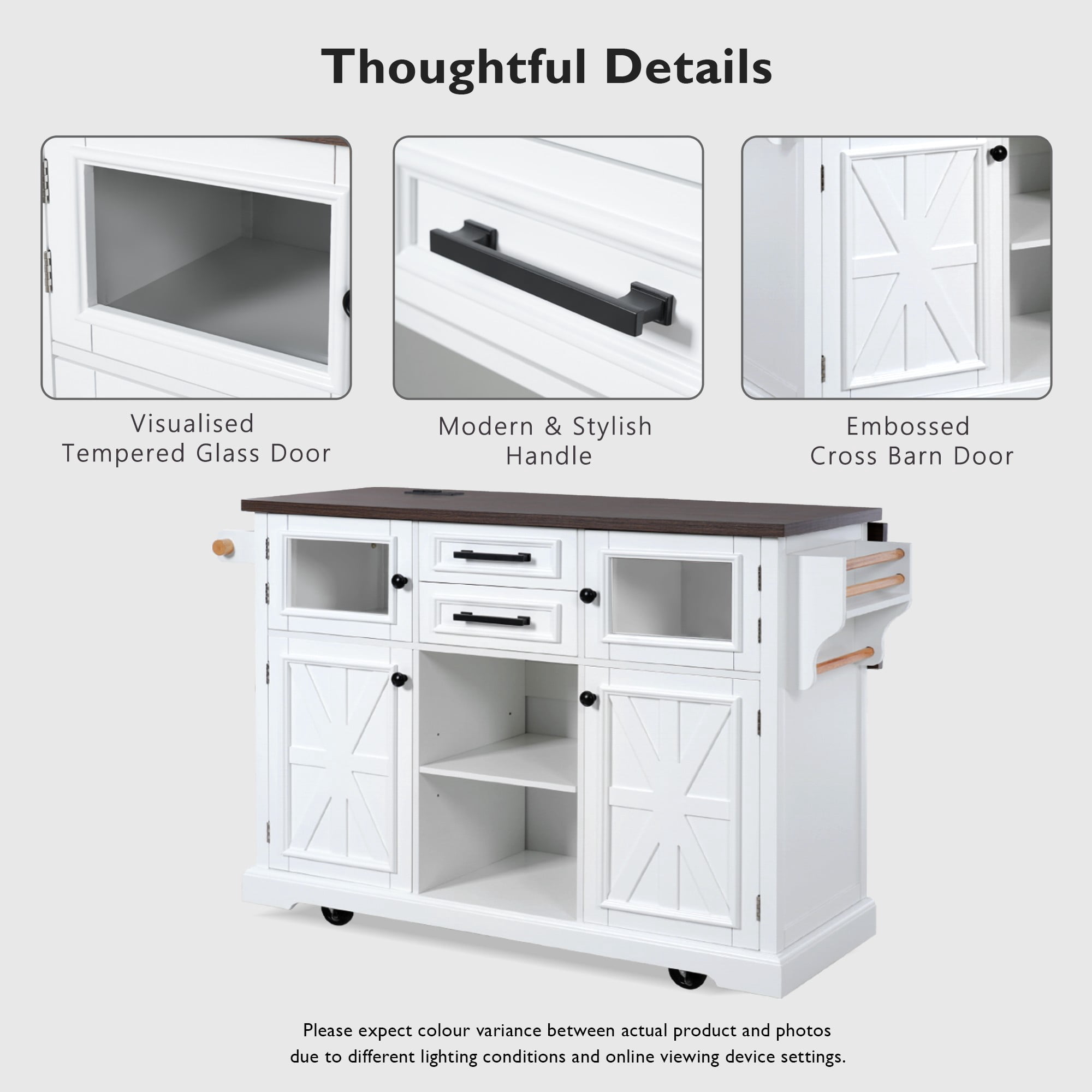 54.9" Kitchen Island on Wheels with Drop Leaf, Power Outlet, 4 Door Shelves, Cross Barn Doors & Visual Glass Door
