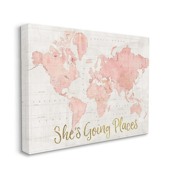 Stupell Industries She's Going Places Quote Pink Watercolor World Map Design by Sue Schlabach, 36" x 48"