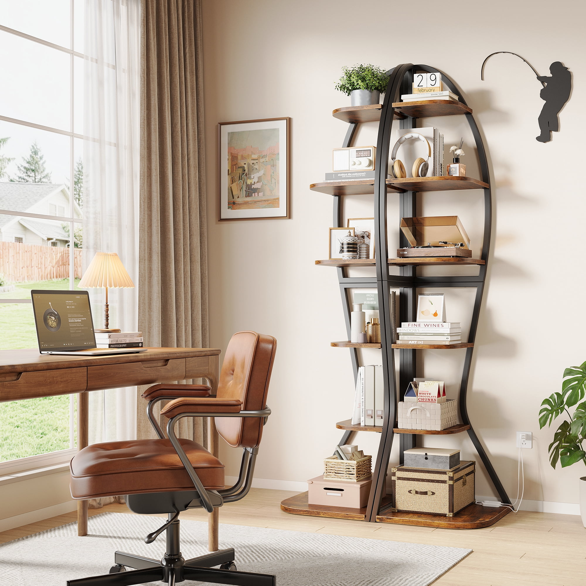 Vividwood Artistic Fish-Inspired Corner Shelf with LED Lights, 6-Tier Tall Corner Bookshelf with Multi-Depth Display, Space-Saving Storage Unit with Remote Control for Bedroom & Living Room