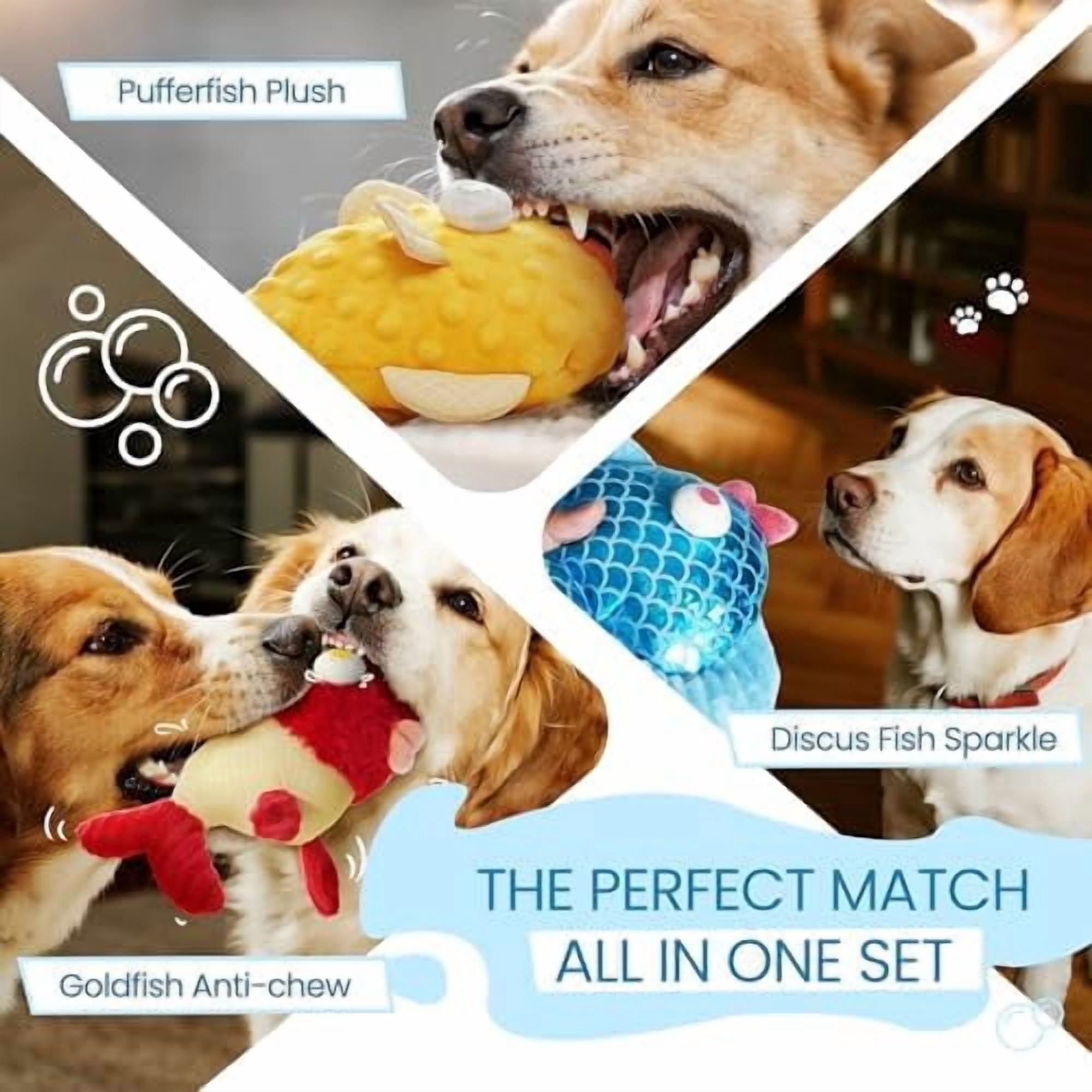Tough Dog Toys, Squeaky Dog Toys to Keep Dogs Busy with Two Resistant Layer & Crinkle Sound, Googly Eyed Fish Gang Puppy Teething Toys for Small, Medium, Large Breeds