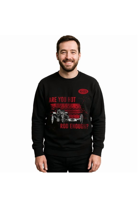 National Hot Rod Association NHRA Logo Are you ROD enough? NHRA Cars Tire tracks on black Boys Crew Neck-Small