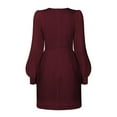 thumbnail image 7 of Womens Long Sleeve Crewneck Chiffon Dress Solid Tie Waist Mini Dress Fashion Slim Fit Short Tunic Dress, 7 of 7