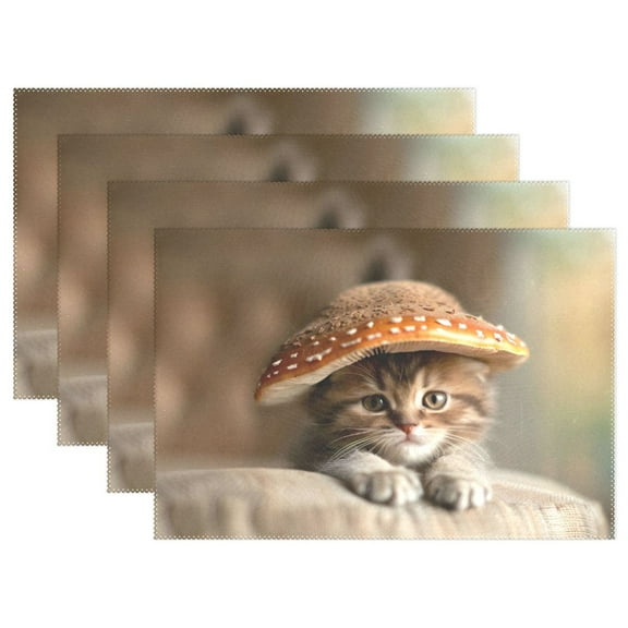 Ryvnso Placemats Set of 4 Cute Cat with Mushroom Hat Dining Mats Heat-Resistant Non-Slip Washable Table Mat