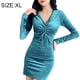 thumbnail image 2 of Laklulu Mini vestido de fiesta sexy de manga larga con cuello en V y fruncido para mujer, azul, XL, 2 of 6