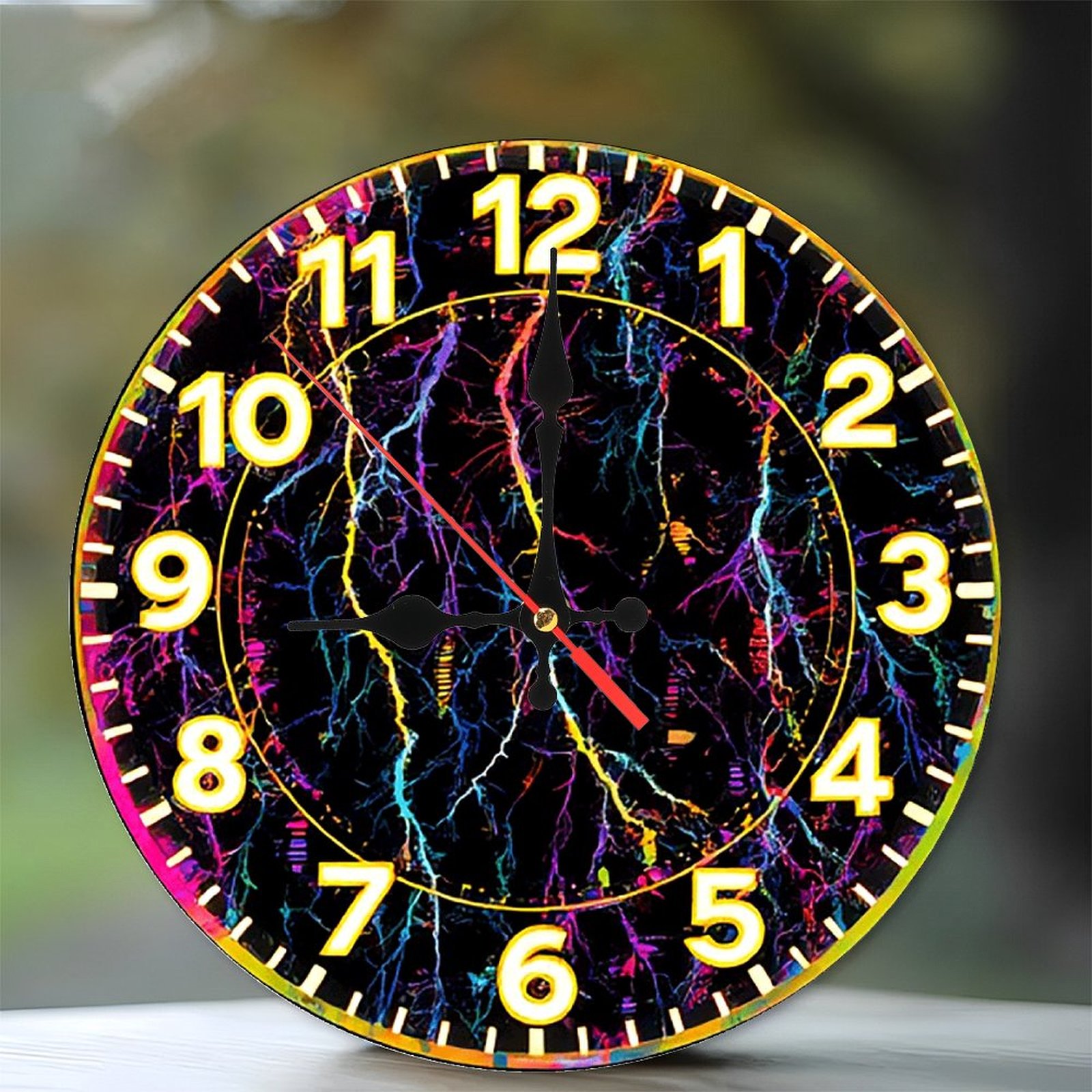 Neon Colorful Lightning Wall Clock 10-Inch Silent Wooden Wall Clock, Battery Operated (AA Batteries Not Included), Artistic Home Decor