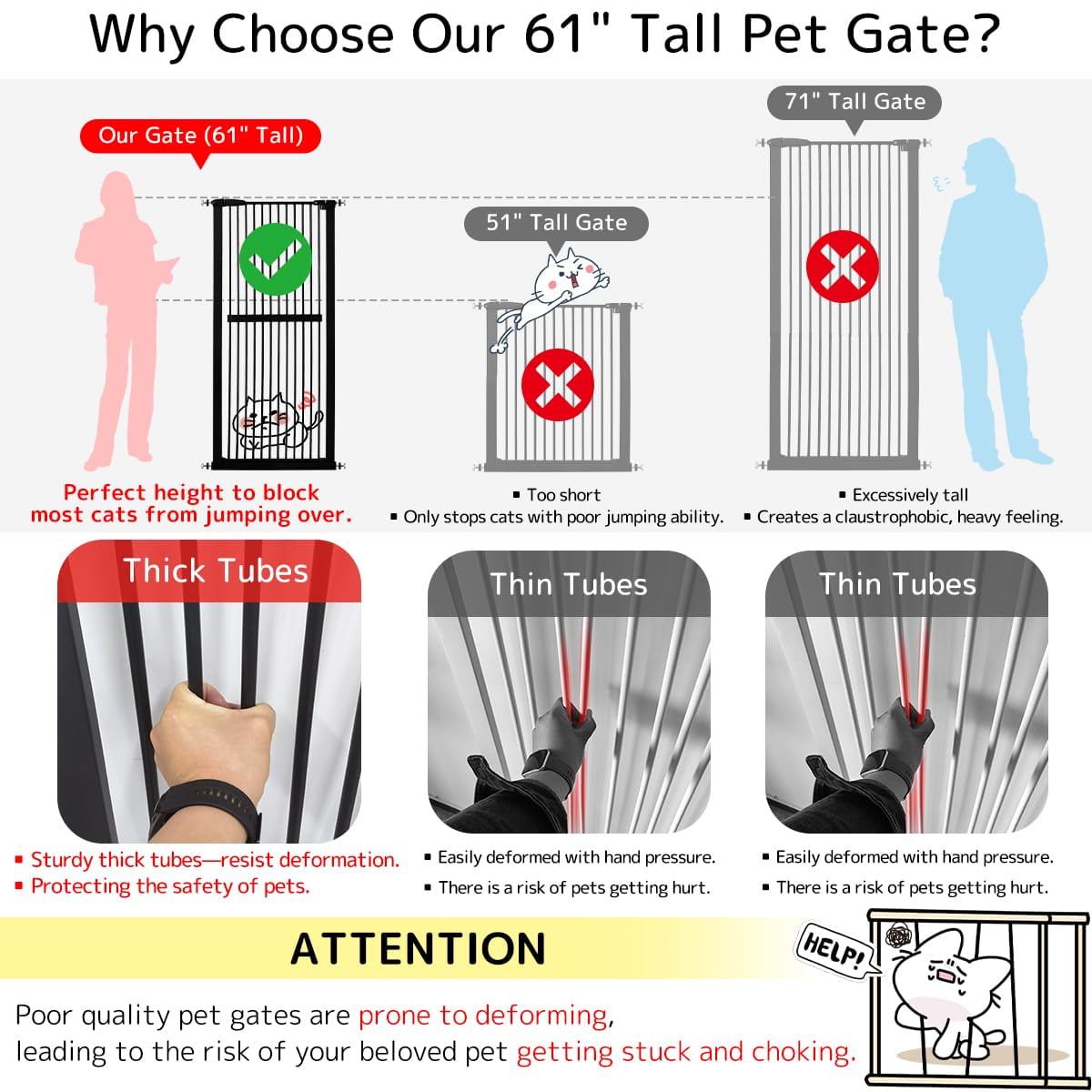 Lumizone Extra Tall Pet Gate 61.02" High Pressure Mounted 34.06"-38.38" Extra Wide 1.37" Gap for Cat Dog Children Stairs Doorway Hallway No Drilling Auto-Close (34.06"-38.38", Black)