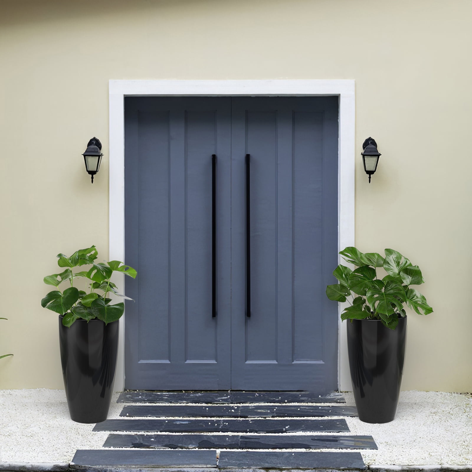 FIASON 2 Pack 21 Inch Glossy Black Tall Planters, Modern Flower Pots with Drainage Holes & Saucers, Indoor Outdoor Planters for Front Porch Patio Garden