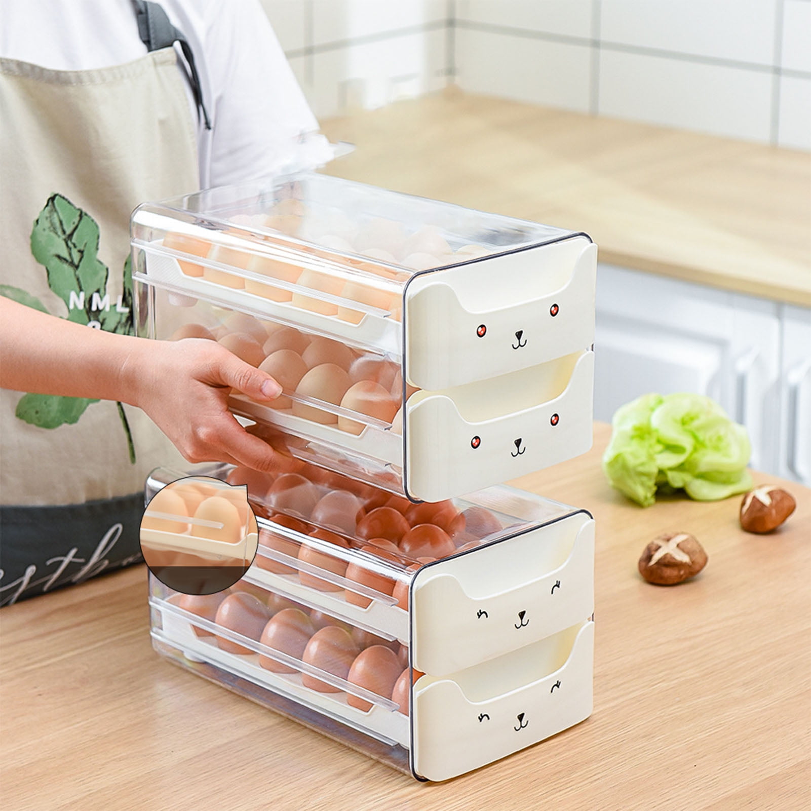 Egg Storage Double Layer Drawer Type Egg Box, Transparent Egg Container Shelf Saving Kitchen Egg Storage Box Multifunctional Egg Storage Container Drawer Bins[White]