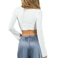 thumbnail image 3 of Douhoow Women Slim Crop Top Solid Color Long Sleeve Square Neck Bodycon Shirts Cut Out Pullover, 3 of 8