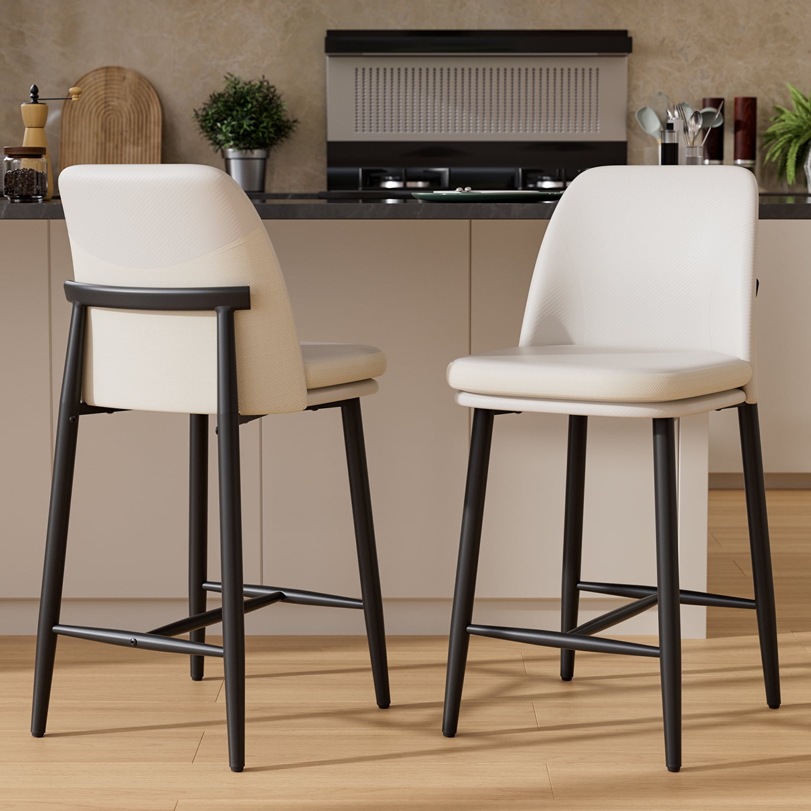 Genpo Bar Stools Set of 4, Upholstered Counter Height Bar Stools, Counter Stools 26 Inch Barstools with Back, Metal Legs and Textured Leather&Fabric for Kitchen Island Dining Room, White
