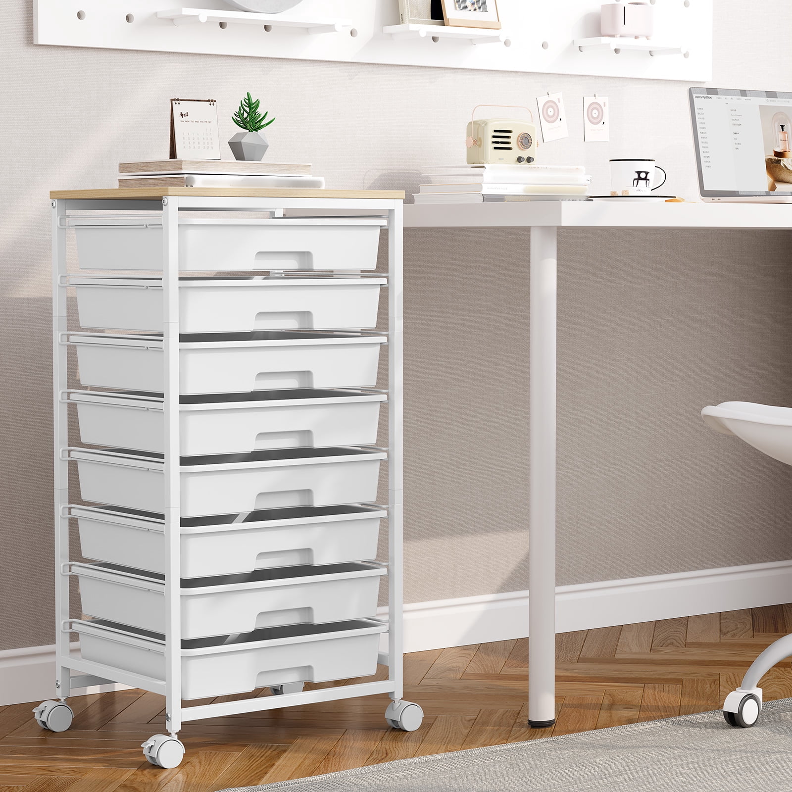 KK KINGRACK Storage Rolling Drawer Cart, Drawer Organizer with 8 Drawers and Wooden Tabletop, Metal & Plastic, White