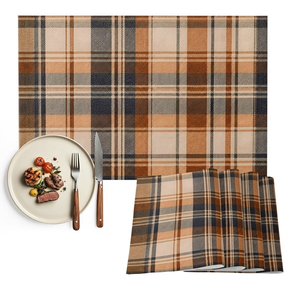 Orange Blue Checkered Placemats Set of 2, Fall Farmhouse Buffalo Plaid Washable Wipeable Table Mats for Dining Tables, Indoor Outdoor Kitchen Place Mats for Holiday Party Table Decor