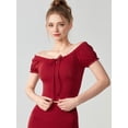 thumbnail image 3 of Women'S Cold Shoulder Summer Halter Top Short Sleeve Off the Shoulder Rib Knit Crop Top Tee Shirt Red L, 3 of 6