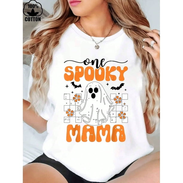 100% Cotton one Spooky Mama Matching Family Halloween Costumes T-Shirt Women's oversized Tee Causal Breathable Classic Comfort Tops