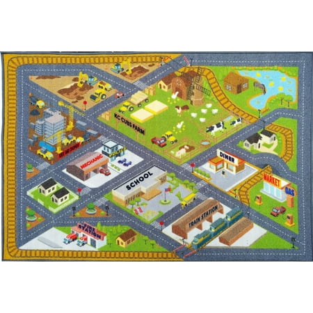 KC CUBS Playtime Collection Country Farm Road Map With Construction Site Educational Learning Area Rug Carpet For Kids and Children Bedroom and Playroom (8' 2