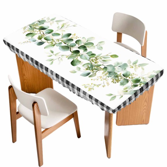 Green Eucalyptus Leaves Table Cloths for 3 Foot Rectangle Tables, Modern Art Farmhouse Plaid Patio Waterproof Elastic Fitted Tablecloths, Washable Rectangular Table Cover for Camping