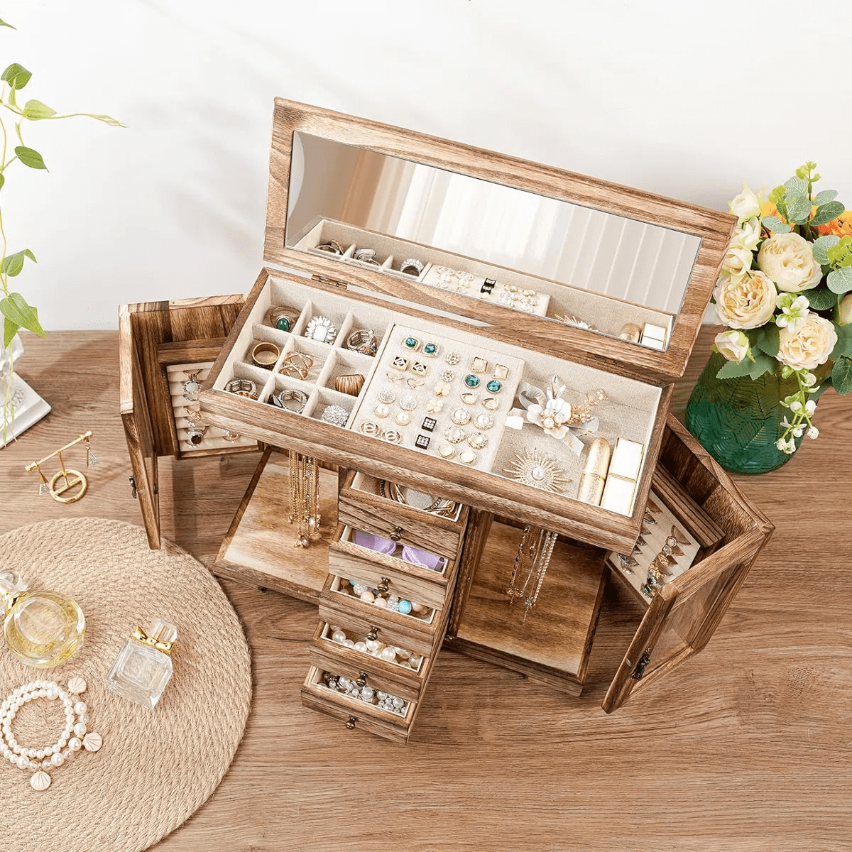 Sfugno Jewelry Box for Women Girls, Wooden Jewelry Organizer Box with Mirror, 5 Layer Jewelry Storage Case,Rustic Brown