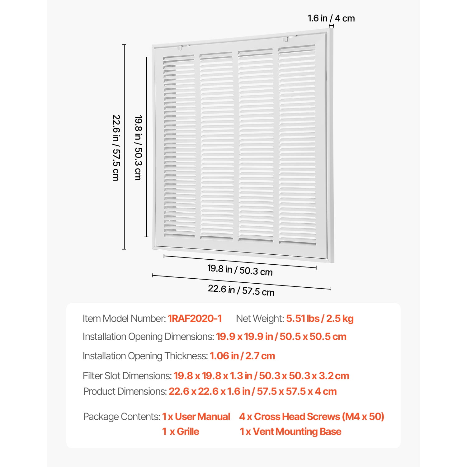KFFKFF Air Filter Grille, Suitable for W20 x H20 Inch Duct Opening, Filter Excluded, Wall-Mounted Air Vent Cover, Powder-Coated Steel Air Grill with Removable Face/Door for 1 inch Filters