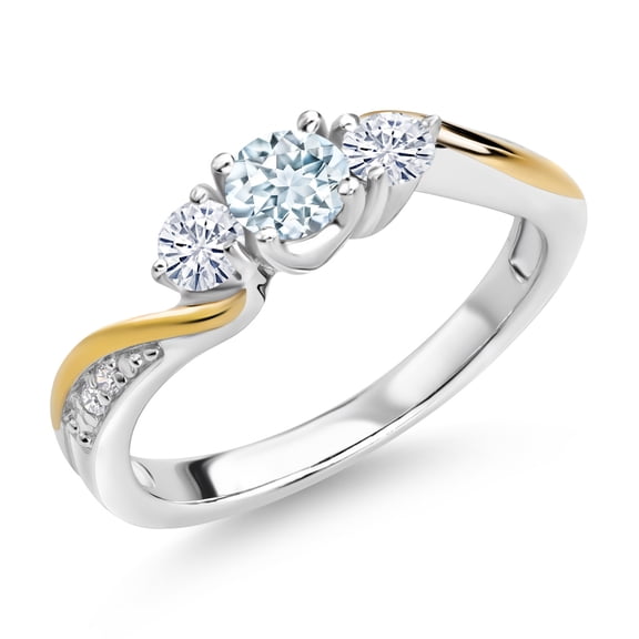Gem Stone King 925 Silver and 10K Yellow Gold Aquamarine Moissanite and Lab Grown Diamond 3 Stone Engagement Ring for Women (0.48 Cttw, March Birthstone, Size 9)