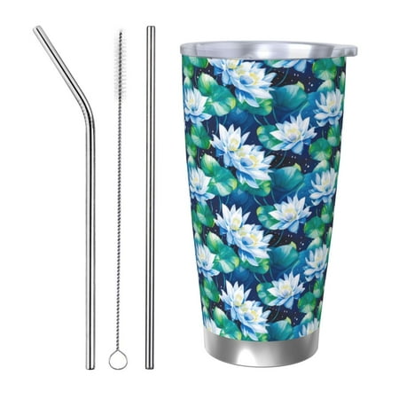 

Uemuo Blue Lotus Flower Print Travel Coffee Mug 20oz Double-walled Car Cup Stainless Steel Insulated Tumbler Leak-proof Travel Cup Reusable Straw Car Cup-Straw Three-piece Set