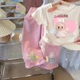 thumbnail image 1 of Conjunto de camiseta y pantalones vaqueros con estampado de dibujos animados, novedad de verano, ropa para niños, pantalones superiores para niña, traje de barbilla continental, 1 of 5