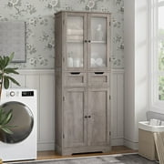 Homfa 4 Doors Bathroom Cabinet, 3-Tier Wood Tall Linen Storage Cabinet with 2 Drawers for Living Room Office, Gray