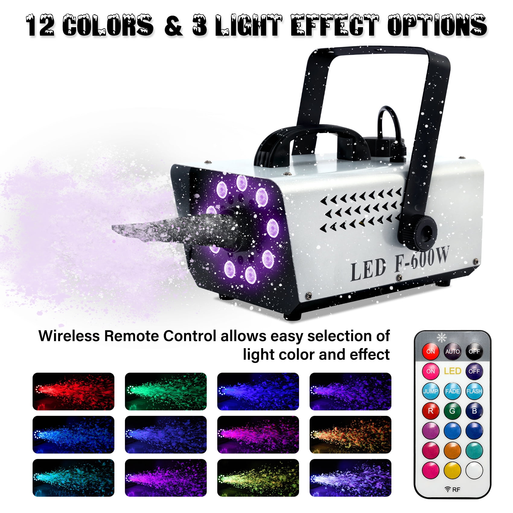 TCFUNDY Snow Machine with 9 LED Lights, 600W Snow Making Machine with 12 Color Lights Effect Snowflake Maker for Christmas Wedding Kids Party Stage with Wireless Remote Control