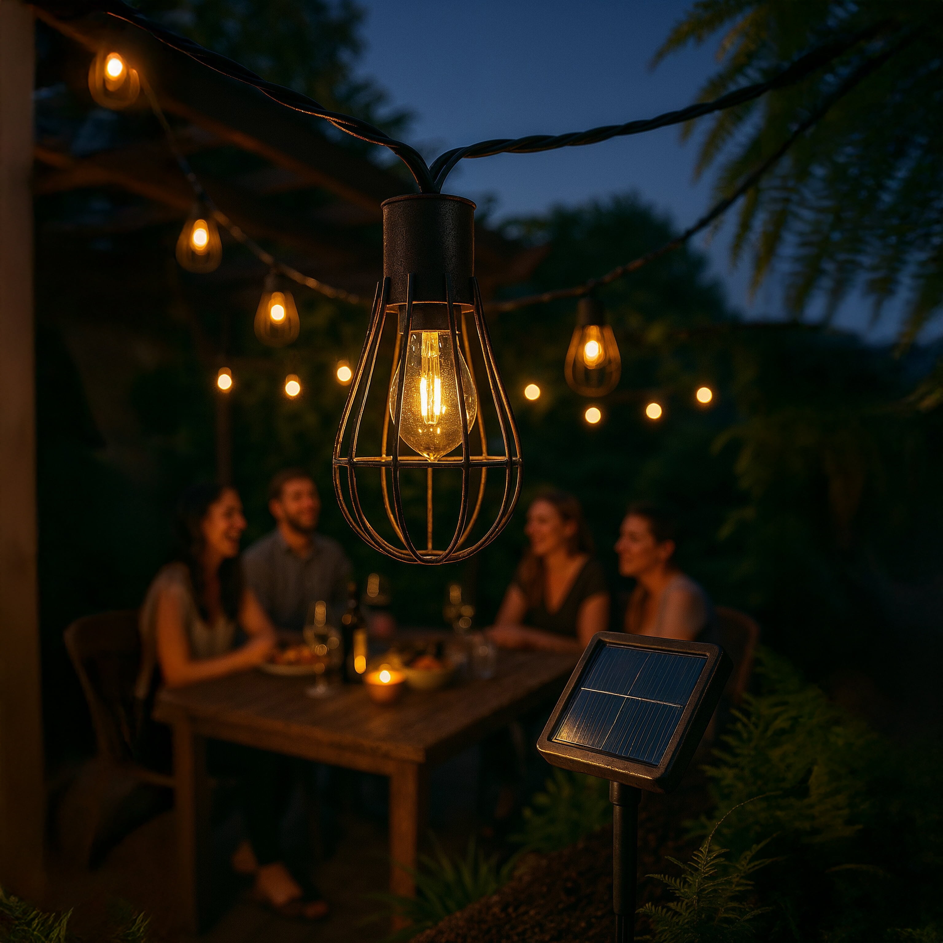 Solar Powered Vintage String Lights - 10 LED Bulbs, IP67 Waterproof Metal Cage for Outdoor Ambiance