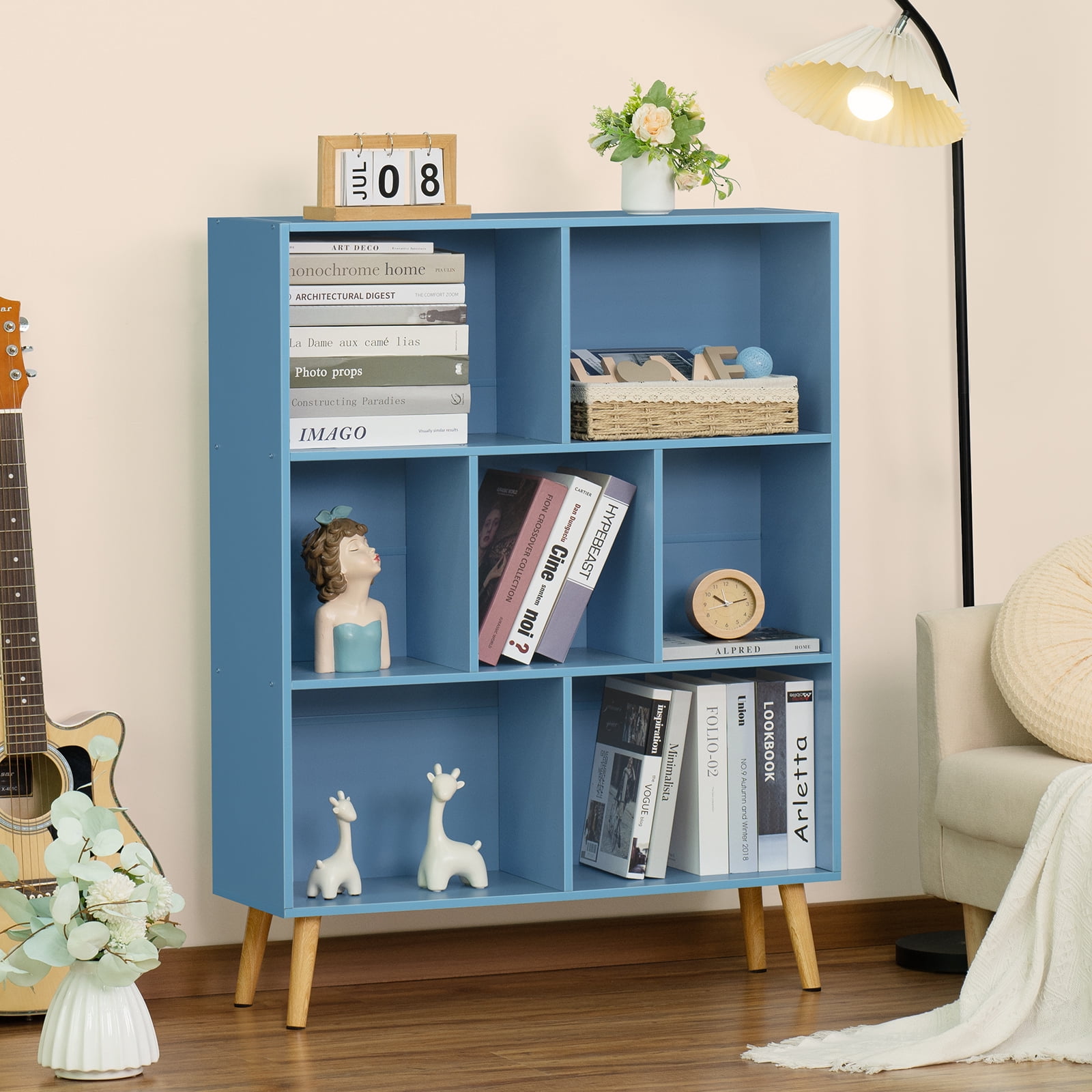 LEYAOYAO 3-Tier Bookshelf with 7 Open Cubes, Modern Wooden Storage Rack, Multi-Use Shelf for Living Room, Office, Study, Blue