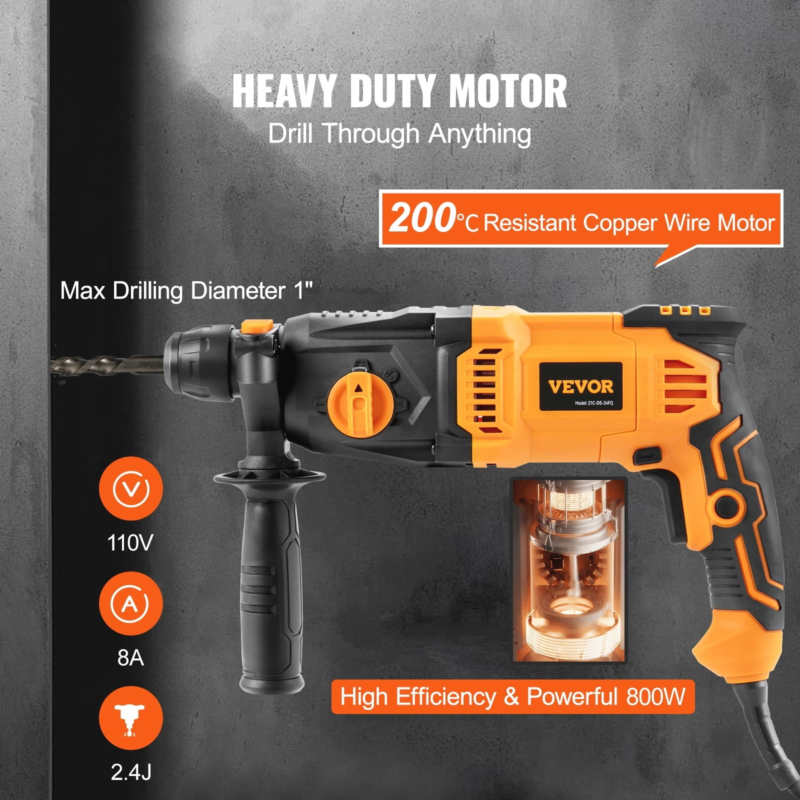 VEVOR Electric SDS-Max Rotary13Amp Corded Drills Hammers with Vibration Control&Safety Clutch Variable Speed For Concrete 800W