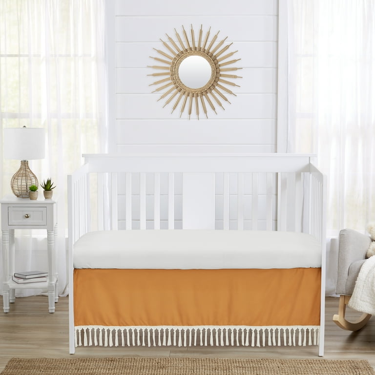 Boho Sun White and Pumpkin Fringe Dust Ruffle Crib Skirt Boy or