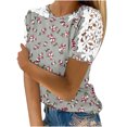 thumbnail image 1 of Mujeres Causal Mangas Cortas Cómodo Encaje Cuello Redondo Estampado Blusa Pullover Tops Camisa OAVQHLG3B Store lin121212, 1 of 5