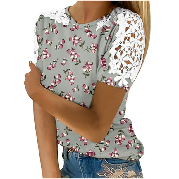 Mujeres Causal Mangas Cortas Cómodo Encaje Cuello Redondo Estampado Blusa Pullover Tops Camisa OAVQHLG3B Store lin121212