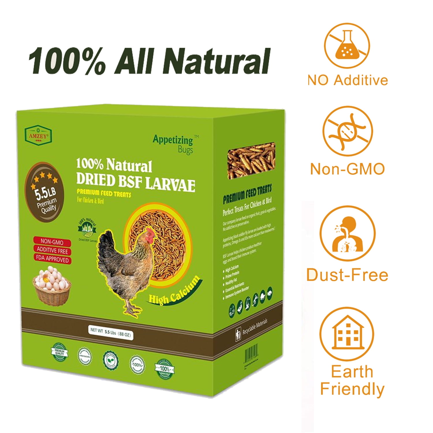 Amzey 2 Pack 5.5 LBS Black Soldier Fly Larvae Chicken Feed for Laying Hens, Superior to Dried Mealworms, 11 lbs Total