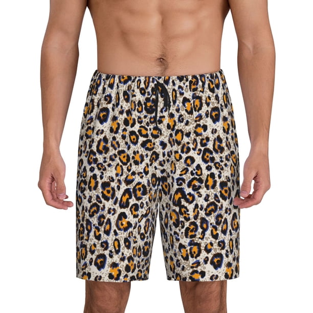 Balery Leopard Pantalones cortos de pijama de punto de algodón para hombre con cinturilla y bolsillos-X-Large