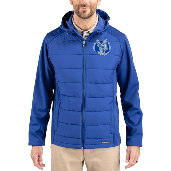 Men's Cutter & Buck Blue Air Force Falcons Evoke Hybrid Eco Softshell Recycled Full Zip Hooded Jacket