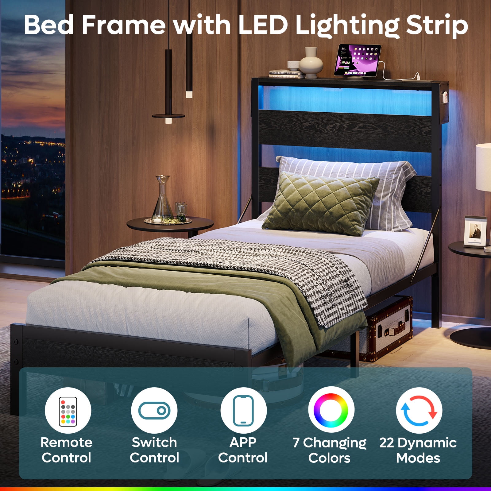 Bestier Twin Size Platform Bed Frame with Storage Headboard, LED Lights & USB Charging Station, Metal Bed Frame Black