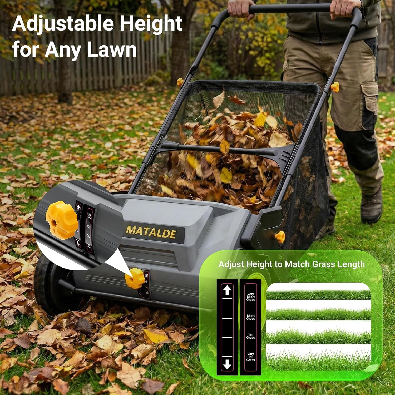 21" Push Lawn Sweeper with 103L Mesh Collection Hopper Bag, 200L Leaf Bag, Leaf and Grass Collector with 4 Adjustable Heights, Steel Frame & Rubber Wheels