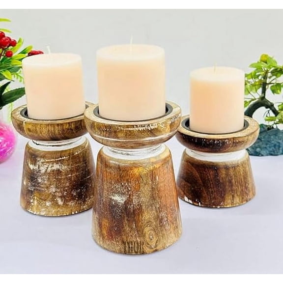Farmhouse Rustic Wood Pillar Candle Holder, Decorative Beaded Candlestick Holder Stand for Home Décor, Gifts, Wedding