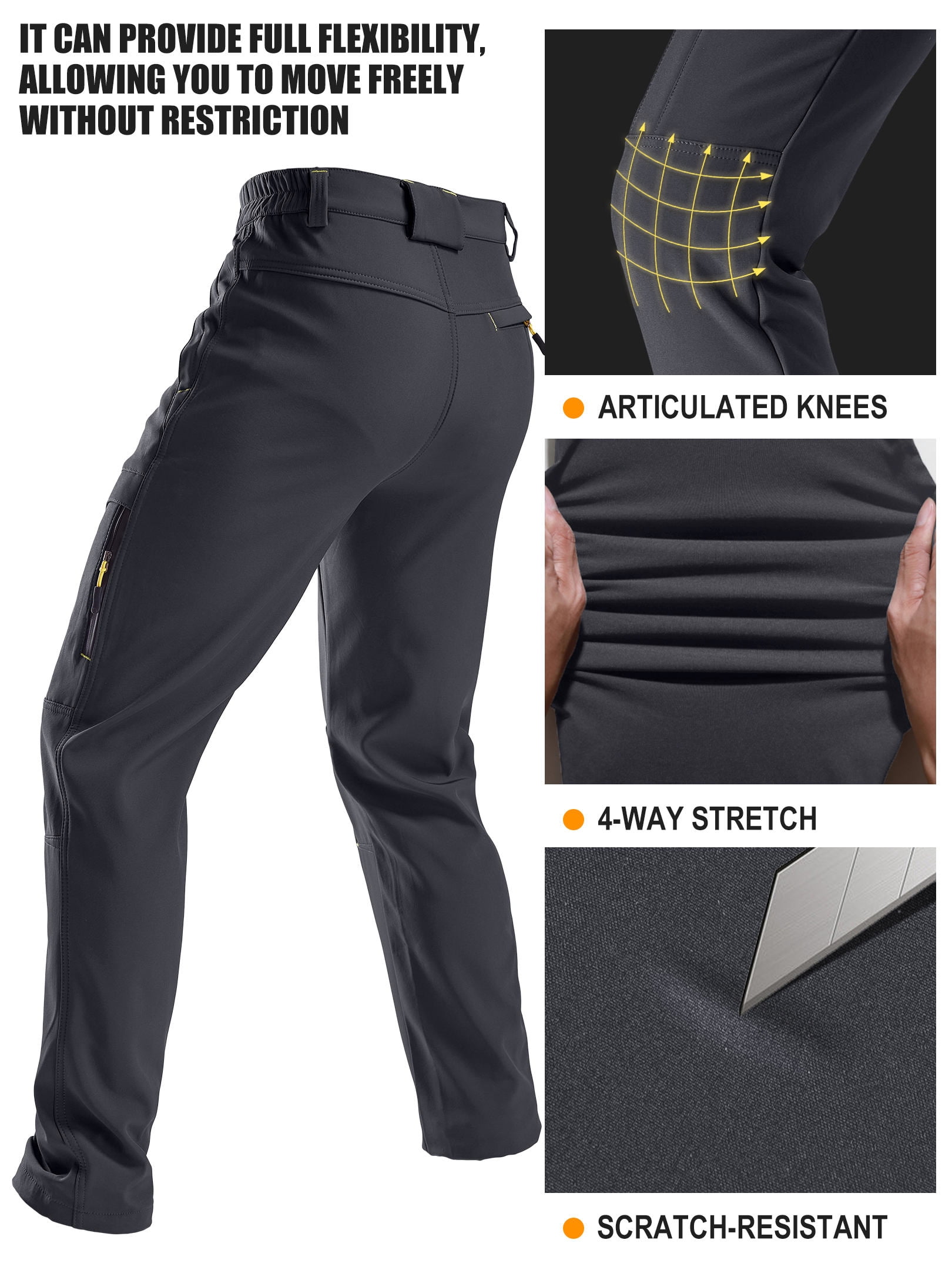 POENTAB Fleece Lined Pants For Men Water Resistant Windproof Ski Snow Pant Winter Thermal Work Trousers with Zipper Pockets Grey 36