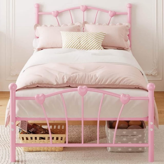 Tamaño individual rosa platform marco de cama para para niños - heart shaped cabecero y tailboard, heavy metal slat support, noiseless