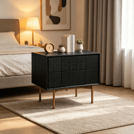 Modern Nightstand with Two Drawers for Bedroom Storage Black Brushed Oak Finish and Bronze Accents Compact Side Table for Apartment Living