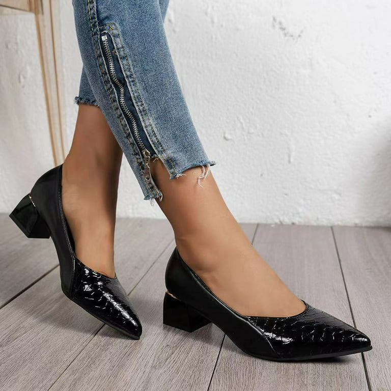 Cathalem Heels Short Ladies Fashion Colorblock Leather Pointed Toe Pumps  Thick High Heel Casual Shoes within Shoes for Women Black 8