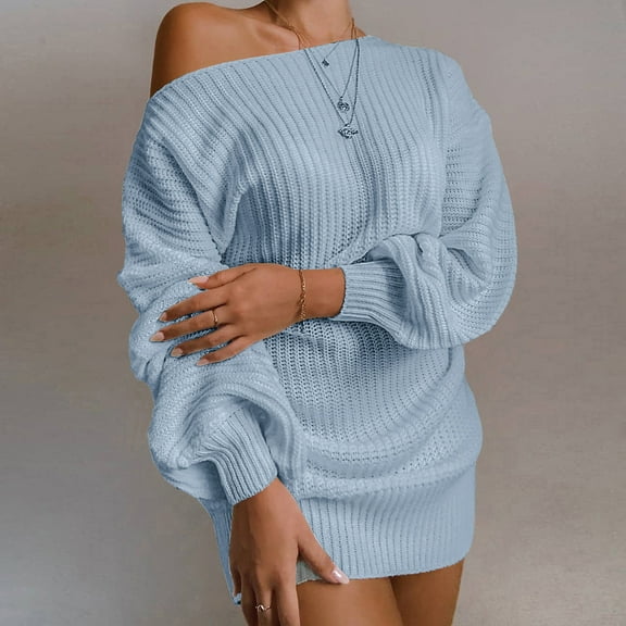 Guieoi Womens Sweaters 2025 Womens Sweaters Clearance Dress European and Casual off Shoulder Lantern Sleeves Knitted Woolen Dress Blue Black*Friday/Cyber*Monday Clearance