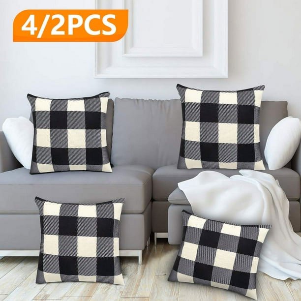 Fundas de almohada para decoración de granja, 18.0 x 18.0 in, fundas de almohada a cuadros de búfalo blanco y negro, juego de 4/2 fundas de cojín suaves de lino de tartán para decoración del sofá del