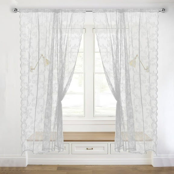 Dznils White Lace Sheer Curtains 72 inch Long 2 Panels, Rod Pocket Sheer Window Drape, 60" W x 72" L