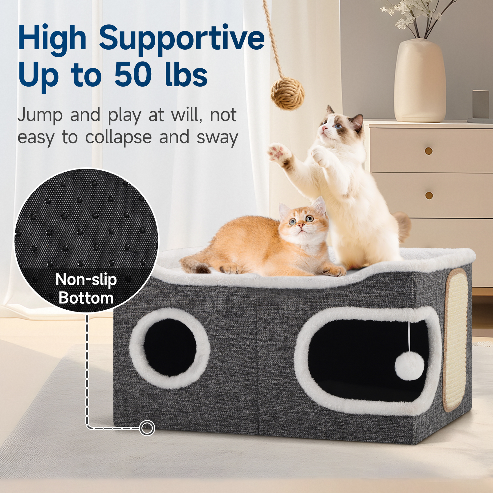 Cat Beds for Indoor Cats, Extra Wide Large Cat House for Pet Cat Cave with Scratch Pad and Fluffy Hanging Ball,Foldable Cat Cube Hideaway,Grey
