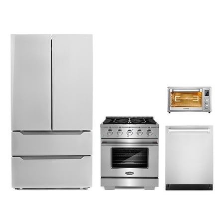 4 Piece Kitchen Package with 20  Electric Air Fryer Toaster Oven 30  Freestanding Gas Range 24  Built-in Fully Integrated Dishwasher &amp; French Door Refrigerator