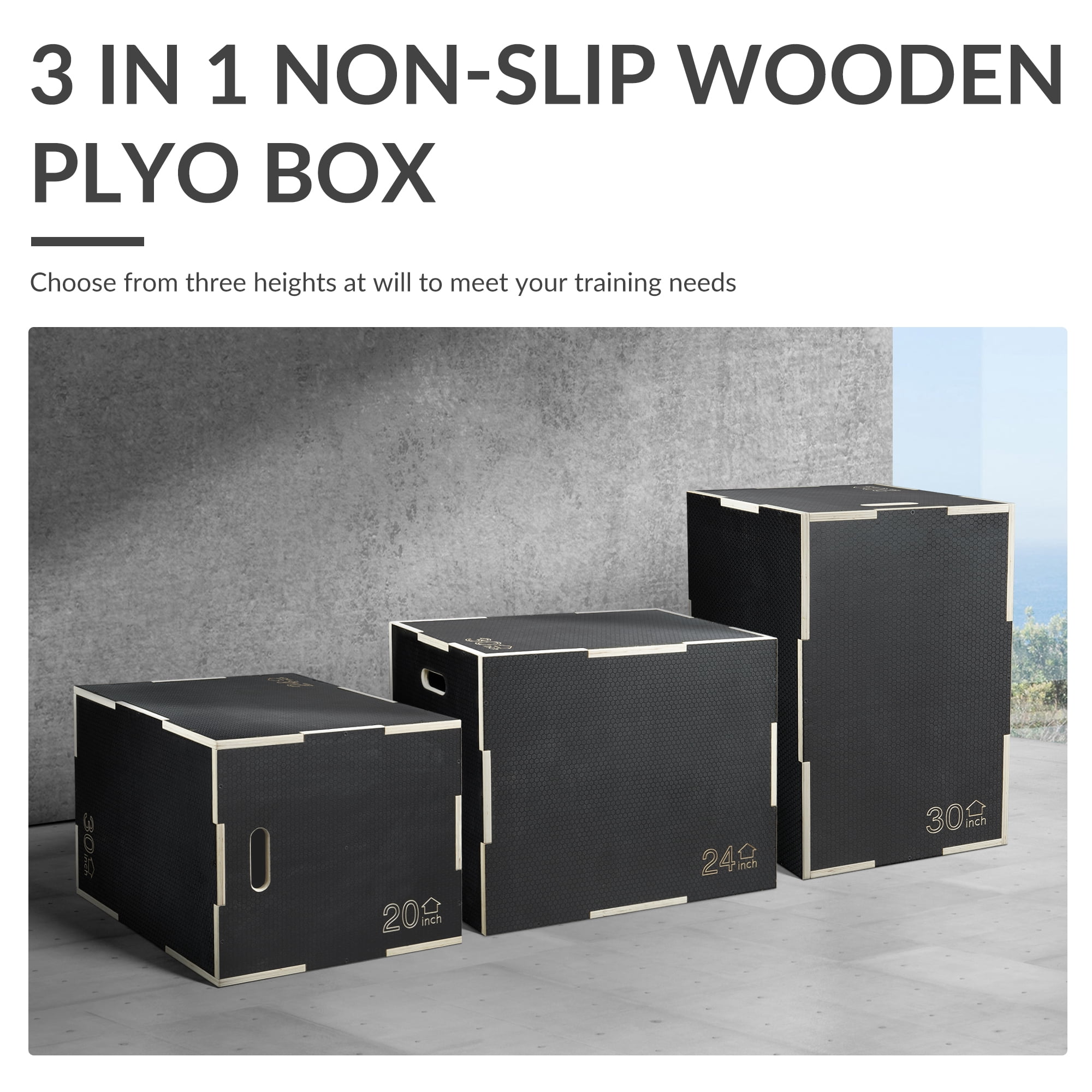 Signature Fitness 3-in-1 Wooden Plyometric Jump Box, Adjustable Heights, Non-Slip Surface, for Home Gym and Plyometric Training